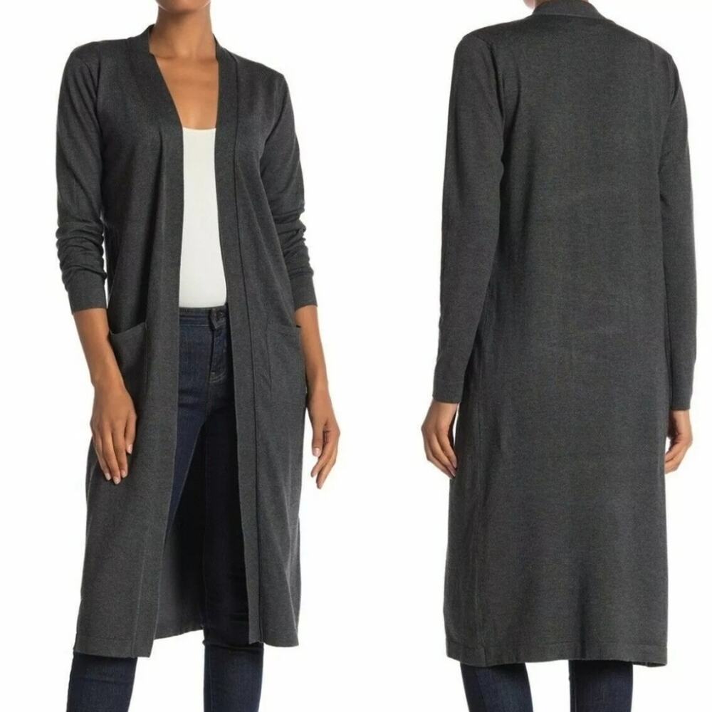 Magaschoni Womens Size Medium Black Cardigan Duster Long Open Knit Rayon Blend